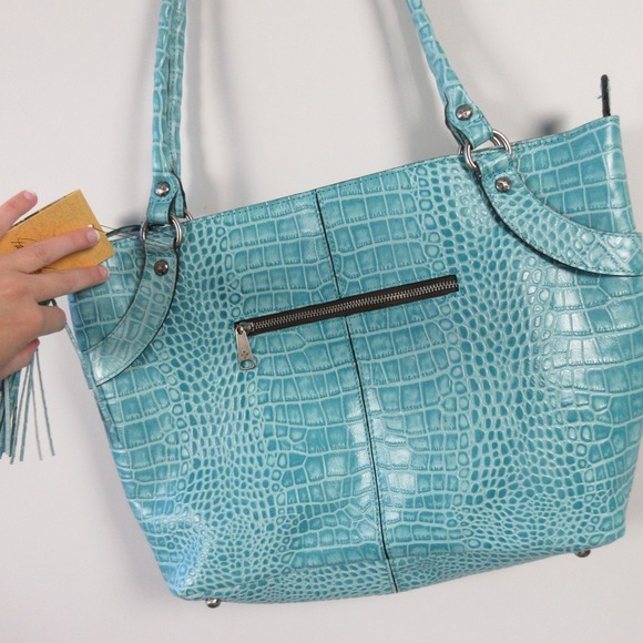 Patricia Nash Abingdon Blue Grass Genuine Leather Tote Bag Croc Embossed 966 - Picture 10 of 16